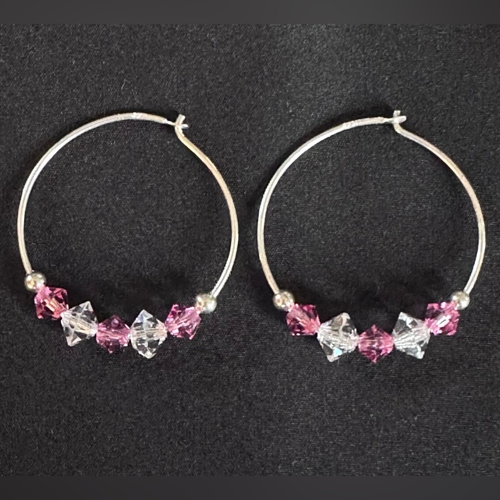 Sterling Silver and Pink and White Crystal Hoop Earrings by Shanstones